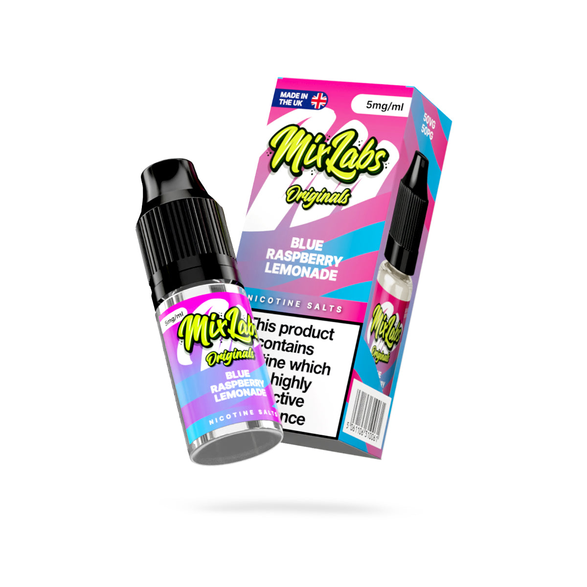 Mix Labs Originals Blue Raspberry Lemonade nicotine salt 10ml 5mg UK made e-liquid angled bottle and box on white background