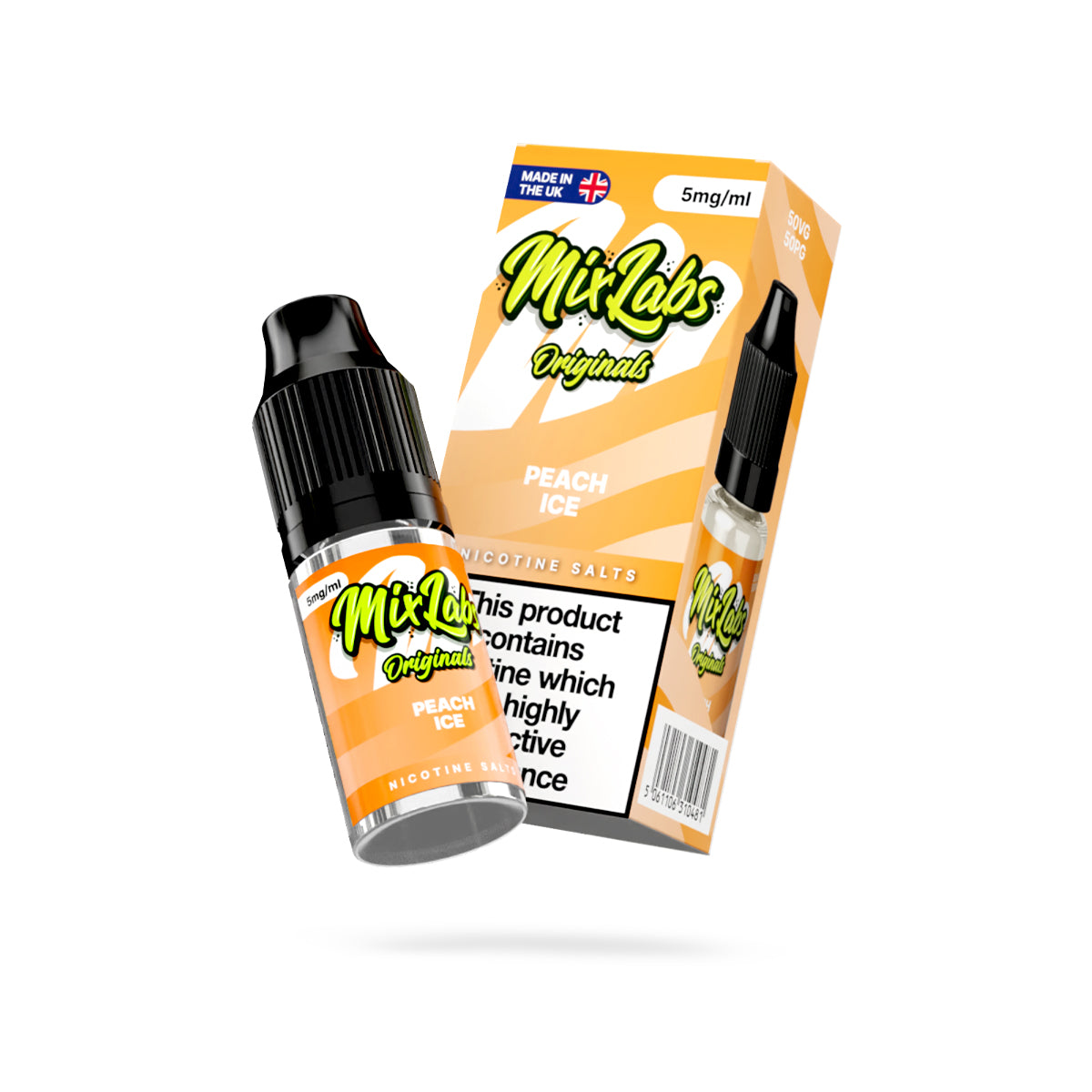 Mix Labs Originals Peach Ice nicotine salt 10ml 5mg UK made e-liquid angled bottle and box on white background