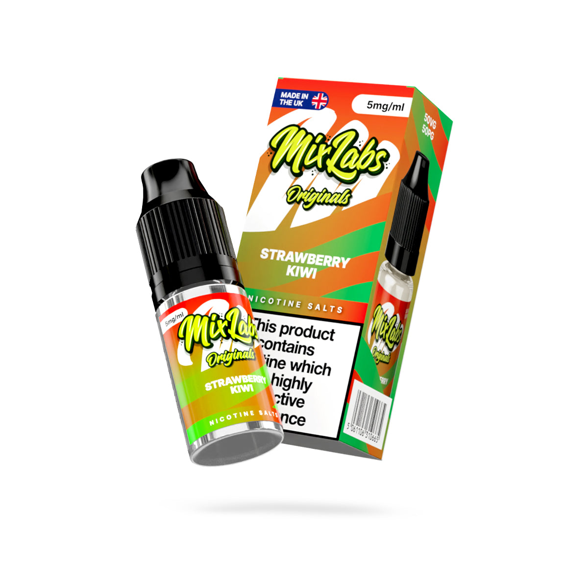Mix Labs Originals Strawberry Kiwi nicotine salt 10ml 5mg UK made e-liquid angled bottle and box on white background