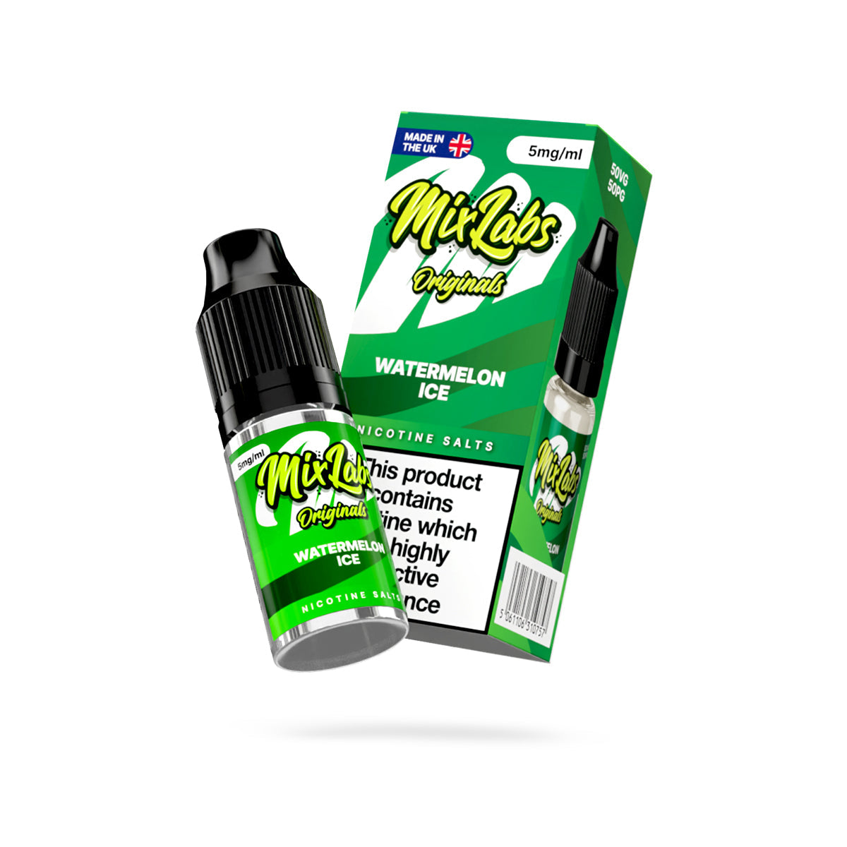 Mix Labs Originals Watermelon Ice nicotine salt 10ml 5mg UK made e-liquid angled bottle and box on white background