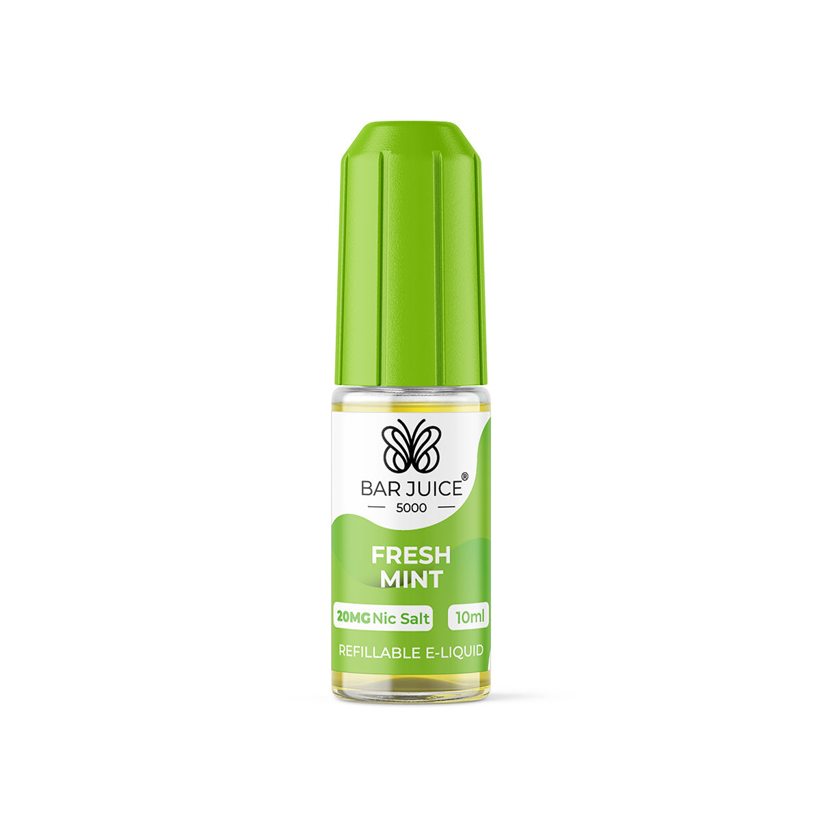 Bar Juice 5000 Fresh Mint 20mg nic salt bottle standing upright with a green cap and white-green label on a white background.