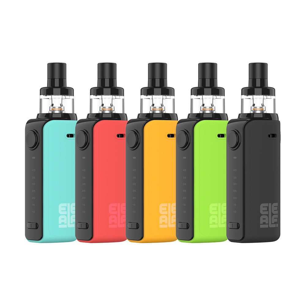 Eleaf iJust P40 vape kits displayed in five colours—blue, red, yellow, green, and black—standing upright on a white background.