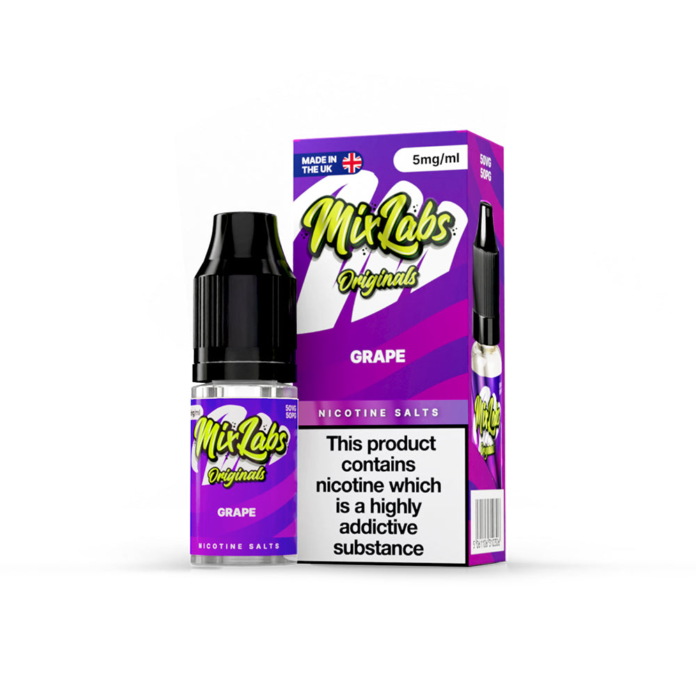 Mix Labs Originals Grape nicotine salt 10ml 5mg UK made e-liquid packaging on white background