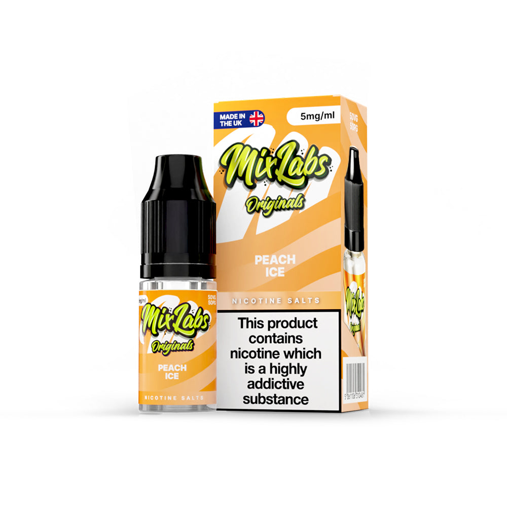 Mix Labs Originals Peach Ice nicotine salt 10ml 5mg UK made e-liquid packaging on white background