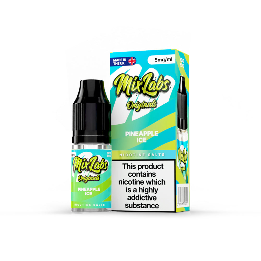 Mix Labs Originals Pineapple Ice nicotine salt 10ml 5mg UK made e-liquid packaging on white background