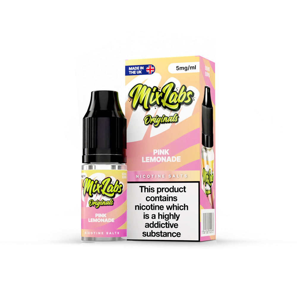 Mix Labs Originals Pink Lemonade nicotine salt 10ml 5mg UK made e-liquid packaging on white background