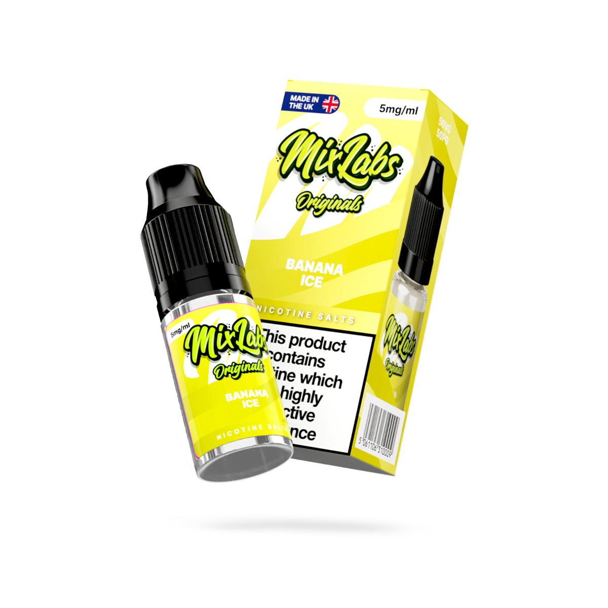 Mix Labs Originals Banana Ice nicotine salt 10ml 5mg UK made e-liquid angled bottle and box on white background