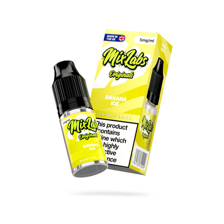 Mix Labs Originals Banana Ice nicotine salt 10ml 5mg UK made e-liquid angled bottle and box on white background