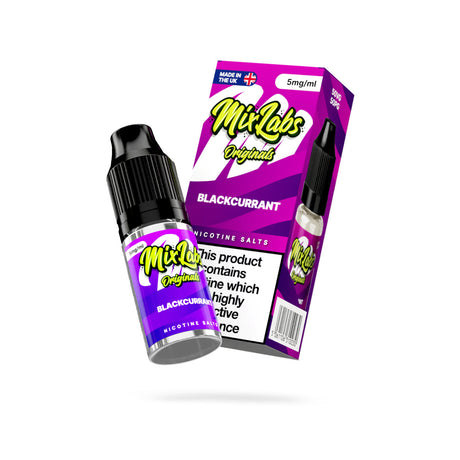 Mix Labs Originals Blackcurrant nicotine salt 10ml 5mg UK made e-liquid angled bottle and box on white background
