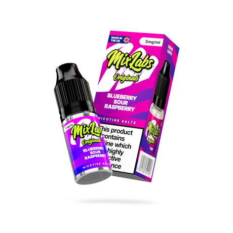 Mix Labs Originals Blueberry Sour Raspberry nicotine salt 10ml 5mg UK made e-liquid angled bottle and box on white background