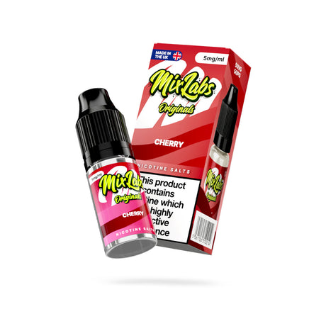 Mix Labs Originals Cherry nicotine salt 10ml 5mg UK made e-liquid angled bottle and box on white background