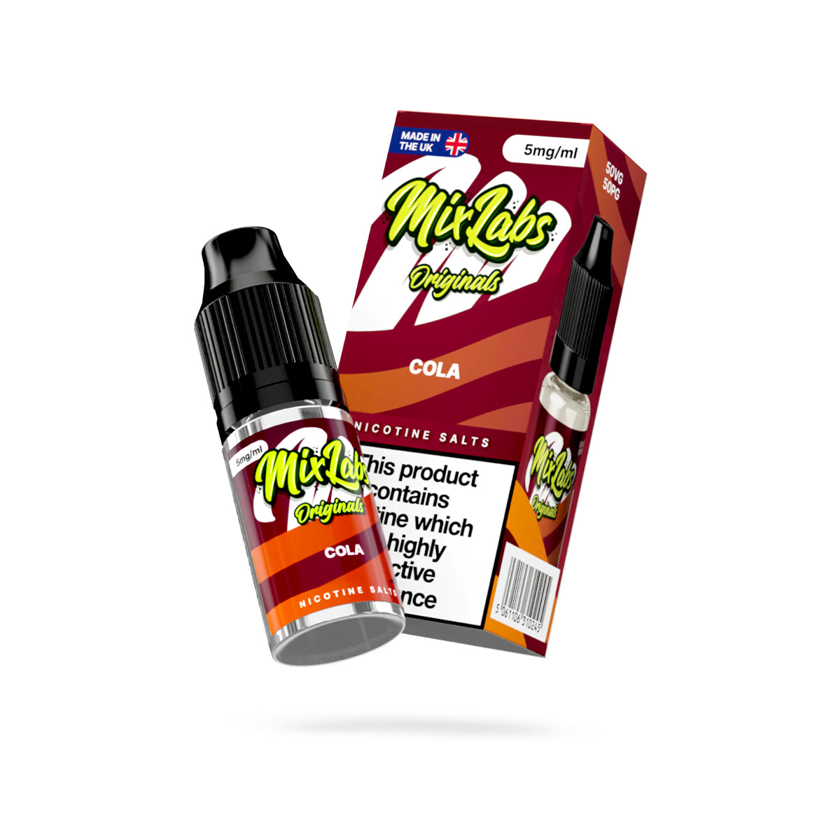 Mix Labs Originals Cola nicotine salt 10ml 5mg UK made e-liquid angled bottle and box on white background