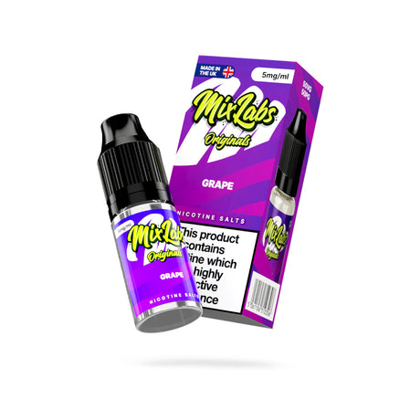 Mix Labs Originals Grape nicotine salt 10ml 5mg UK made e-liquid angled bottle and box on white background