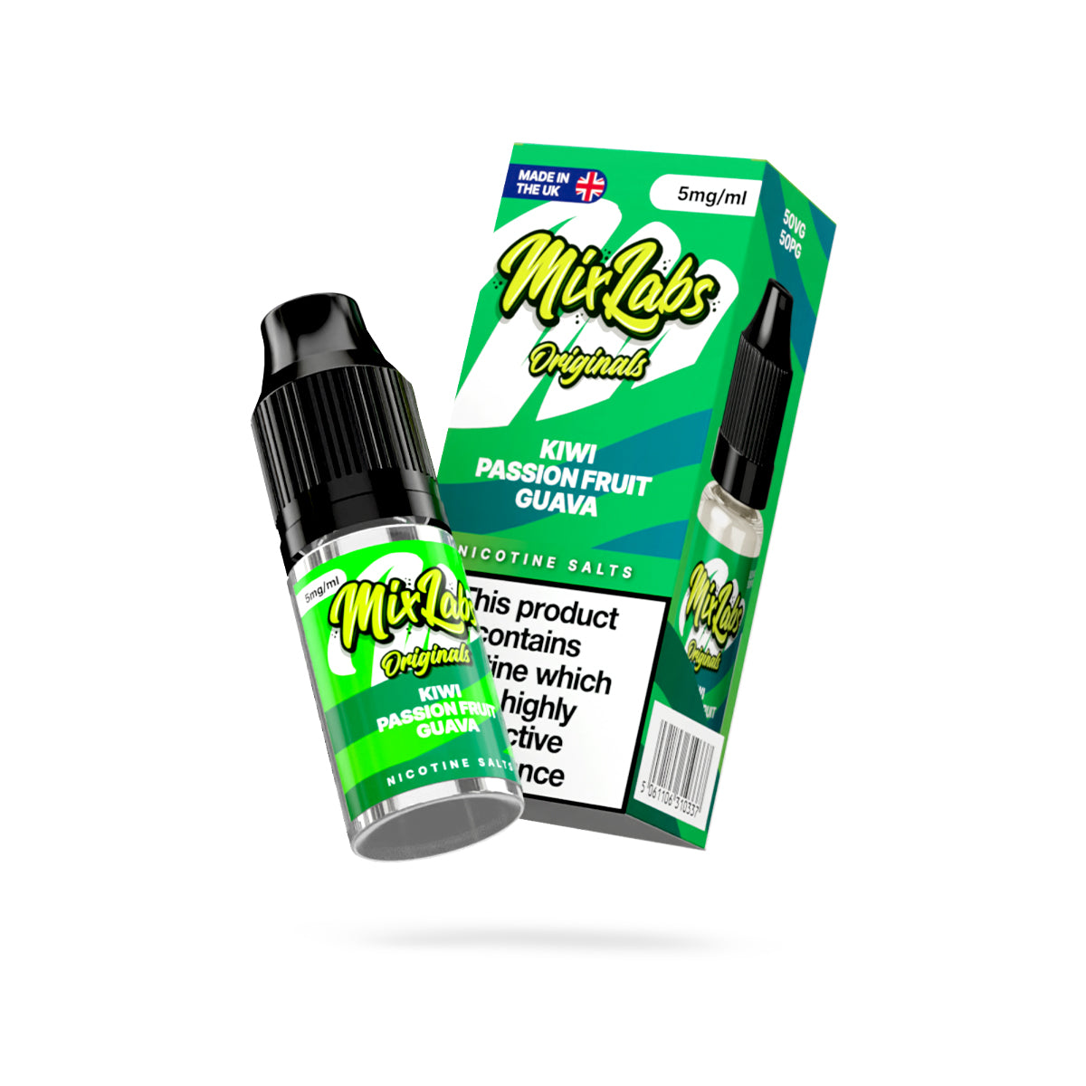Mix Labs Originals Kiwi Passionfruit Guava nicotine salt 10ml 5mg UK made e-liquid angled bottle and box on white background