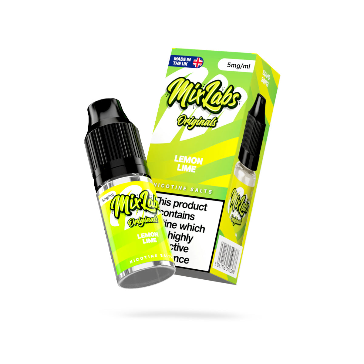 Mix Labs Originals Lemon Lime nicotine salt 10ml 5mg UK made e-liquid angled bottle and box on white background