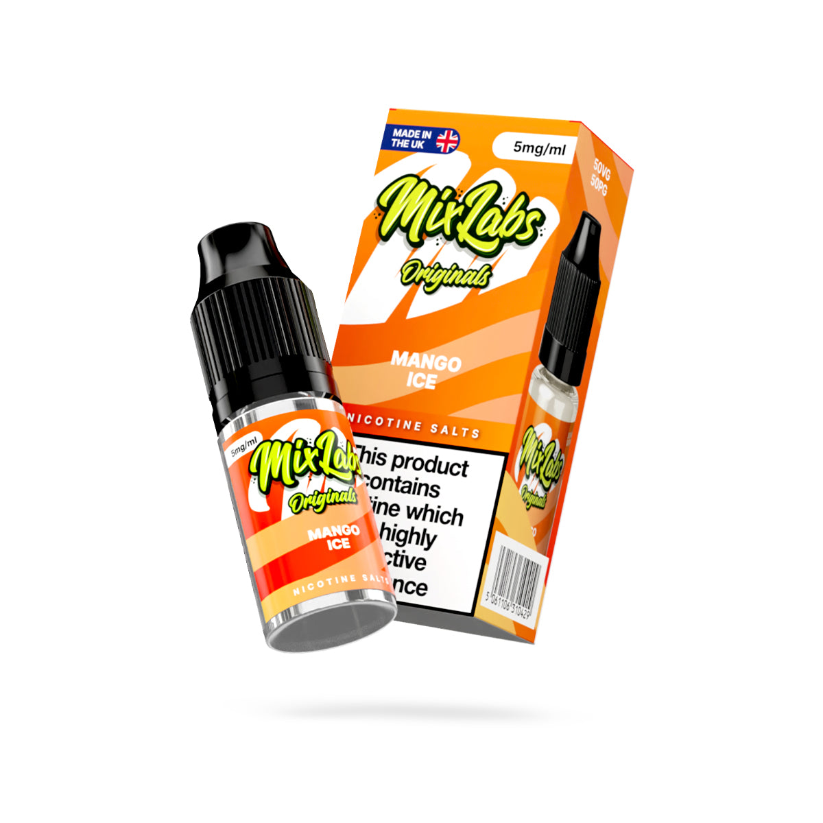 Mix Labs Originals Mango Ice nicotine salt 10ml 5mg UK made e-liquid angled bottle and box on white background