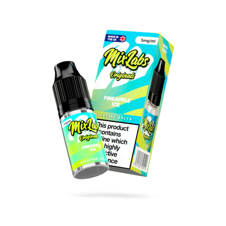 Mix Labs Originals Pineapple Ice nicotine salt 10ml 5mg UK made e-liquid angled bottle and box on white background