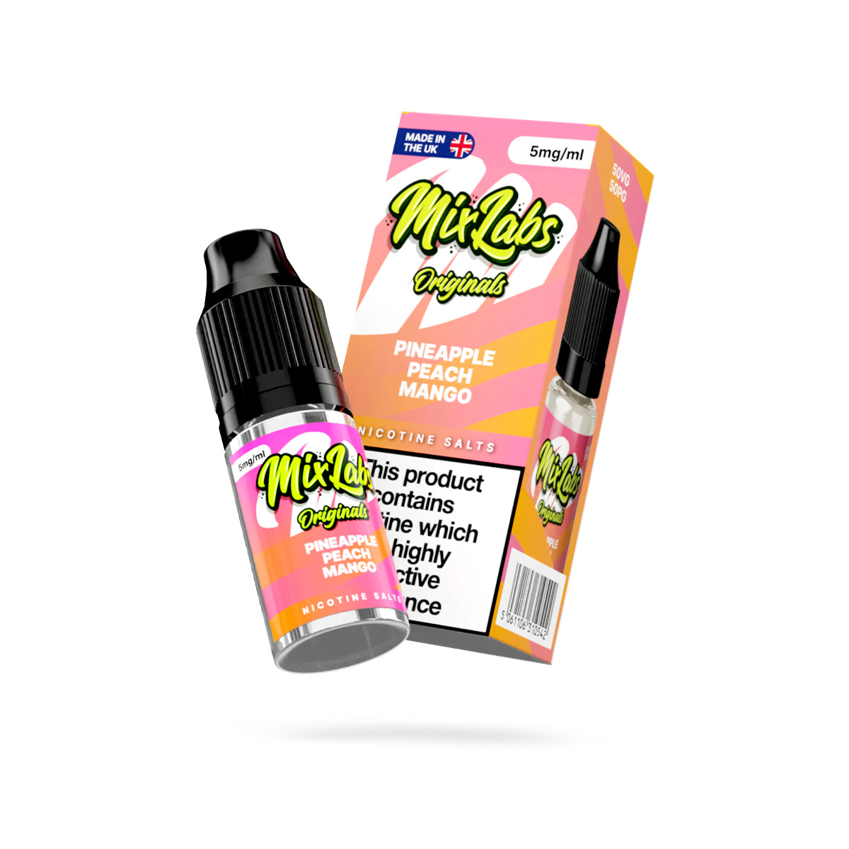 Mix Labs Originals Pineapple Peach Mango nicotine salt 10ml 5mg UK made e-liquid angled bottle and box on white background