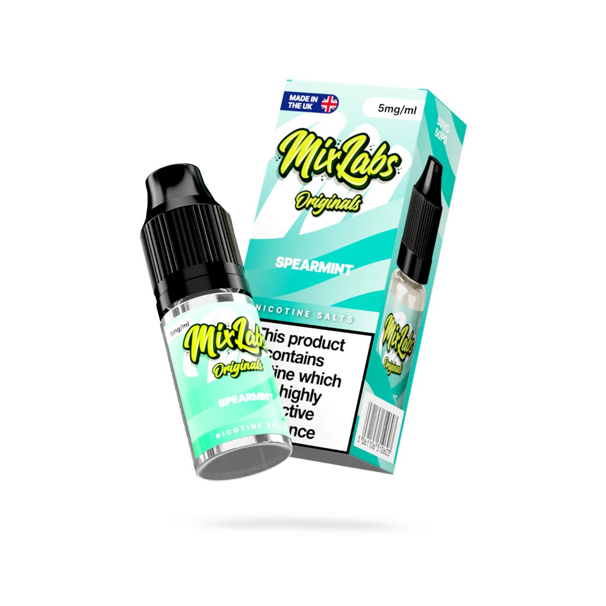 Mix Labs Originals Spearmint nicotine salt 10ml 5mg UK made e-liquid angled bottle and box on white background