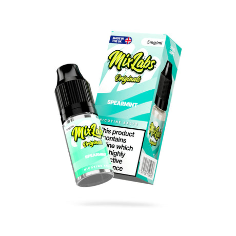 Mix Labs Originals Spearmint nicotine salt 10ml 5mg UK made e-liquid angled bottle and box on white background