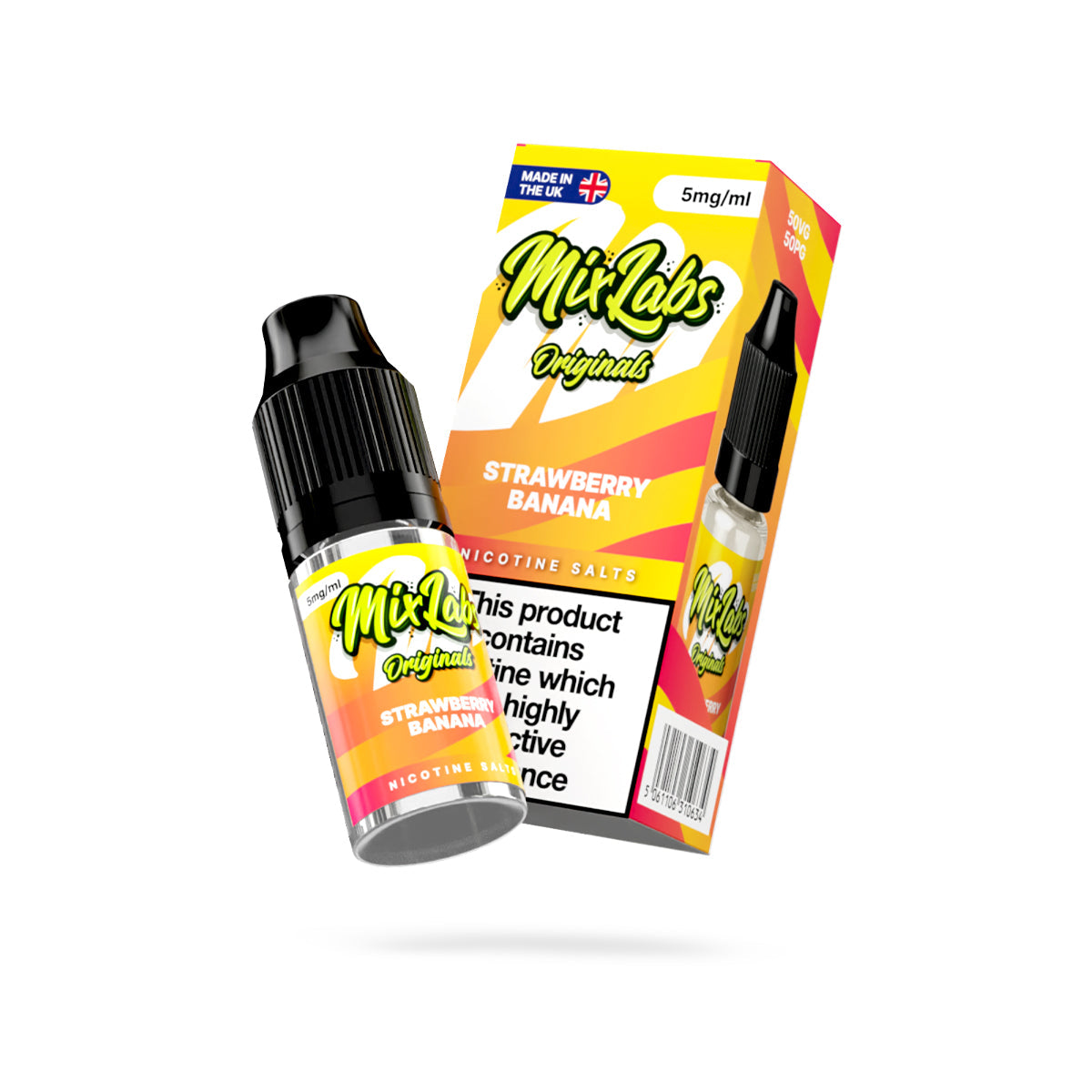 Mix Labs Originals Strawberry Banana nicotine salt 10ml 5mg UK made e-liquid angled bottle and box on white background