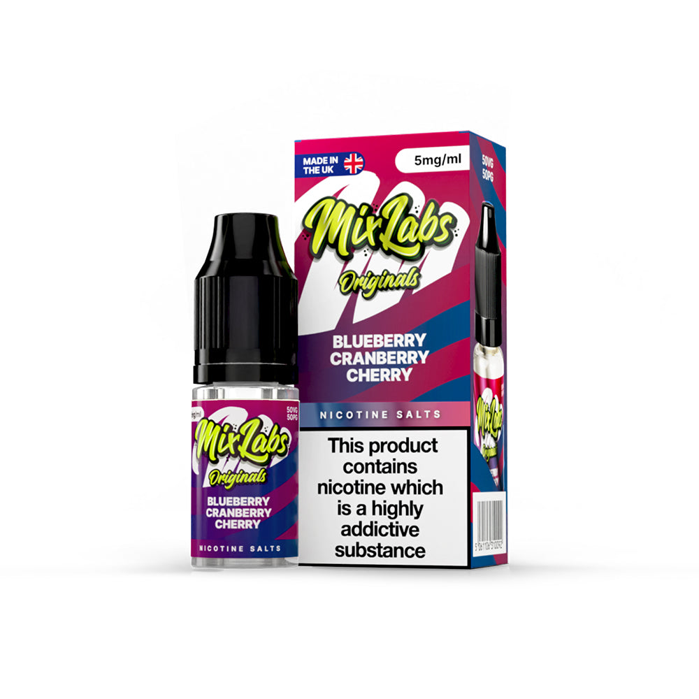 Mix Labs Originals Blueberry Cranberry Cherry nicotine salt 10ml 5mg UK made e-liquid packaging on white background