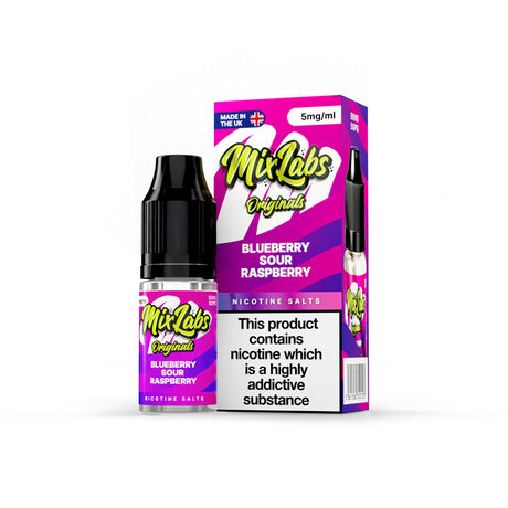 Mix Labs Originals Blueberry Sour Raspberry nicotine salt 10ml 5mg UK made e-liquid packaging on white background