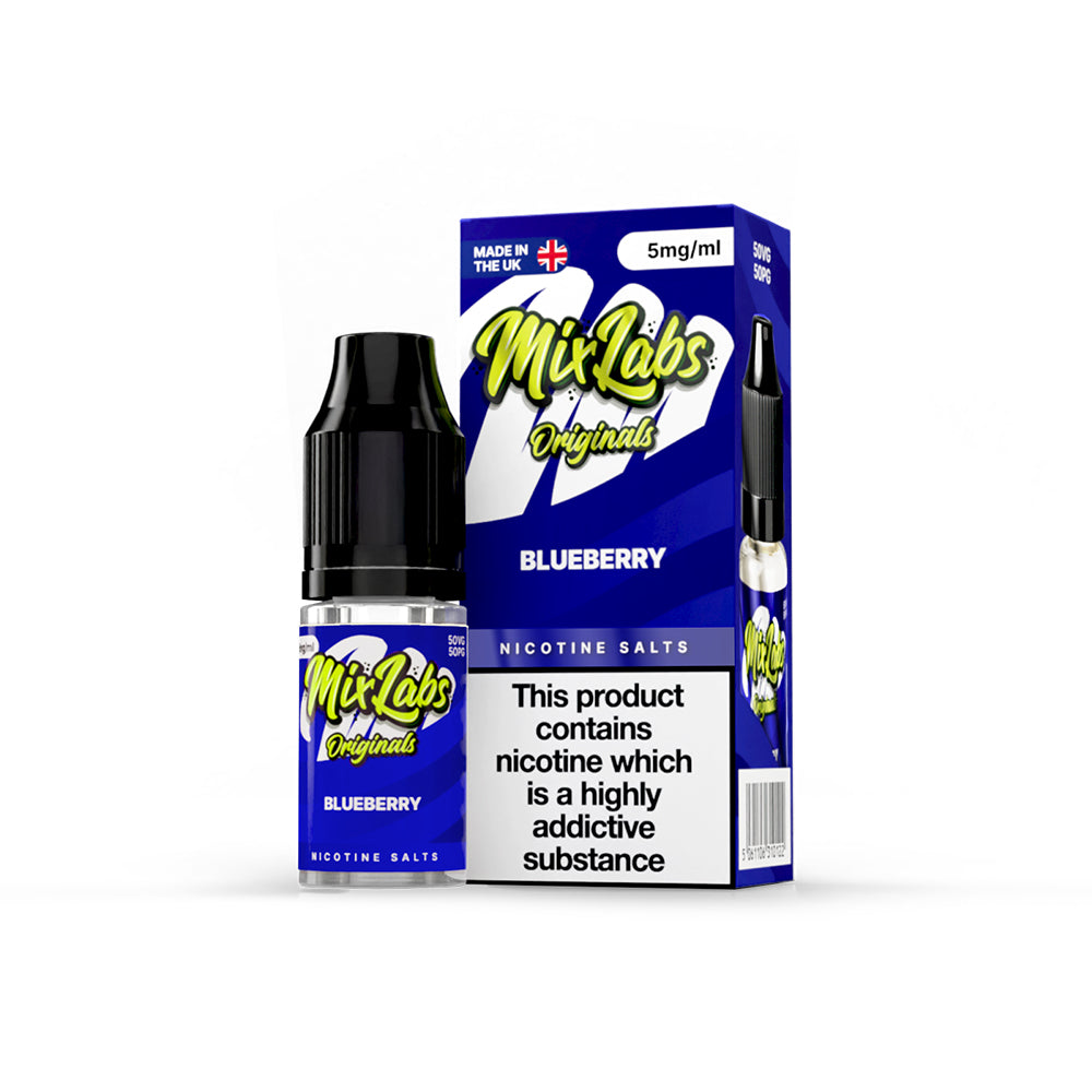 Mix Labs Originals Blueberry nicotine salt 10ml 5mg UK made e-liquid packaging on white background