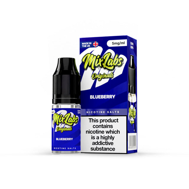 Mix Labs Originals Blueberry nicotine salt 10ml 5mg UK made e-liquid packaging on white background