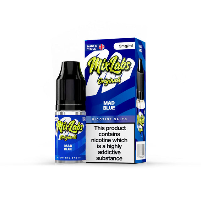 Mix Labs Originals Mad Blue nicotine salt 10ml 5mg UK made e-liquid packaging on white background