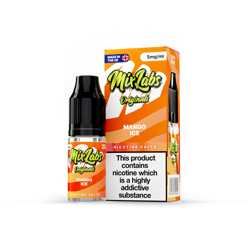 Mix Labs Originals Mango Ice nicotine salt 10ml 5mg UK made e-liquid packaging on white background