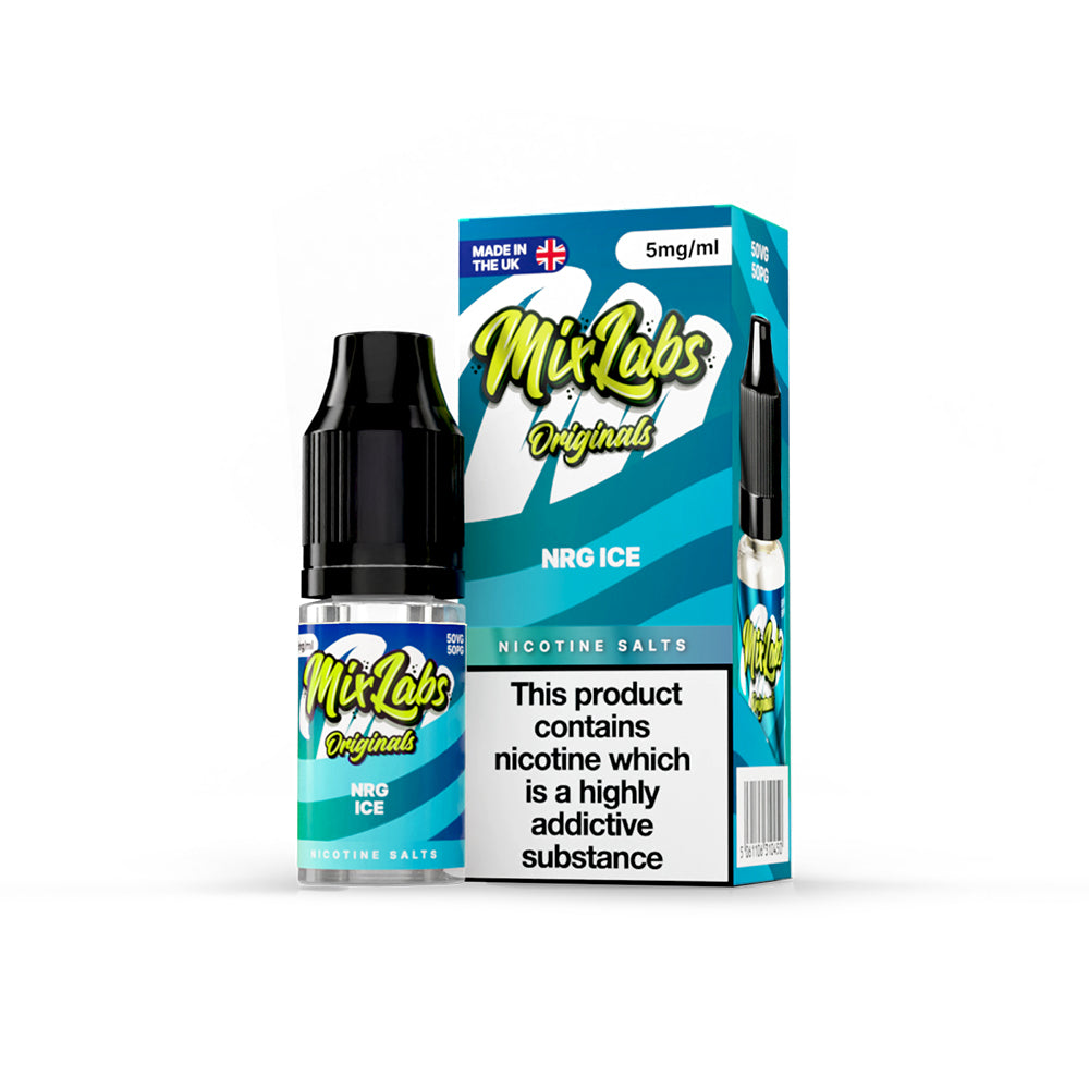 Mix Labs Originals NRG Ice nicotine salt 10ml 5mg UK made e-liquid packaging on white background