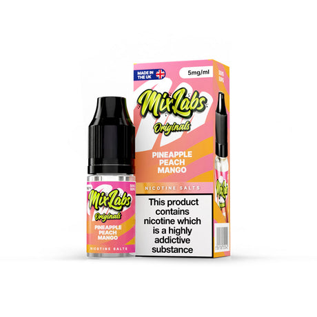Mix Labs Originals Pineapple Peach Mango nicotine salt 10ml 5mg UK made e-liquid packaging on white background