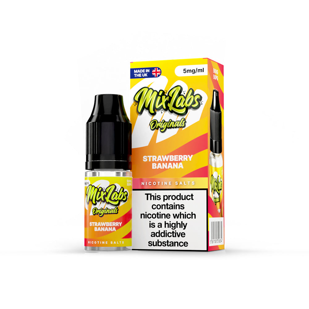 Mix Labs Originals Strawberry Banana nicotine salt 10ml 5mg UK made e-liquid packaging on white background