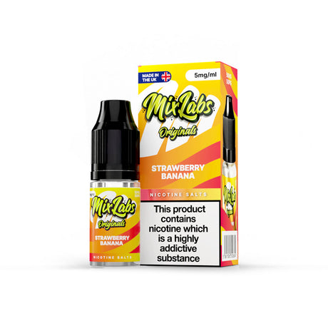 Mix Labs Originals Strawberry Banana nicotine salt 10ml 5mg UK made e-liquid packaging on white background