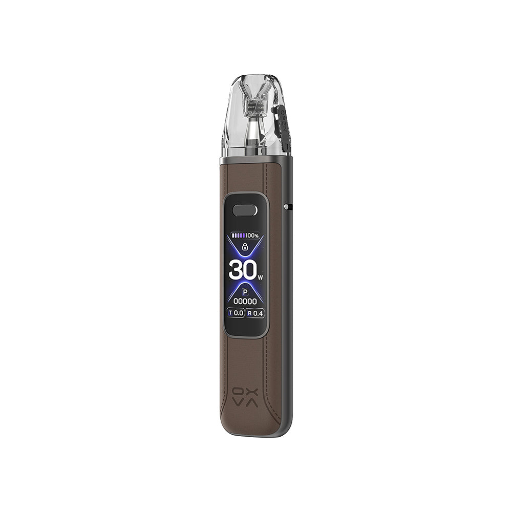 OXVA Xlim Pro 3 pod kit standing upright, showing its clear pod, brown leather-textured body and illuminated 30W OLED display on a white background.