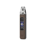 OXVA Xlim Pro 3 pod kit standing upright, showing its clear pod, brown leather-textured body and illuminated 30W OLED display on a white background.
