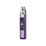 OXVA Xlim Pro 3 pod kit standing upright, showing its clear pod, purple silk-finish body and illuminated 30W OLED display on a white background.
